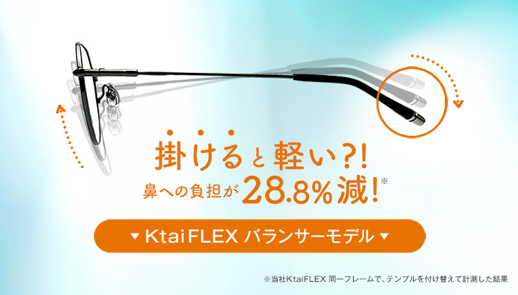 掛けると軽い?!鼻への負担が28%減※!KtaiFLEXバランサーモデル(※当社KtaiFLEX同一フレームで、テンプルを付け替えて計測した結果)